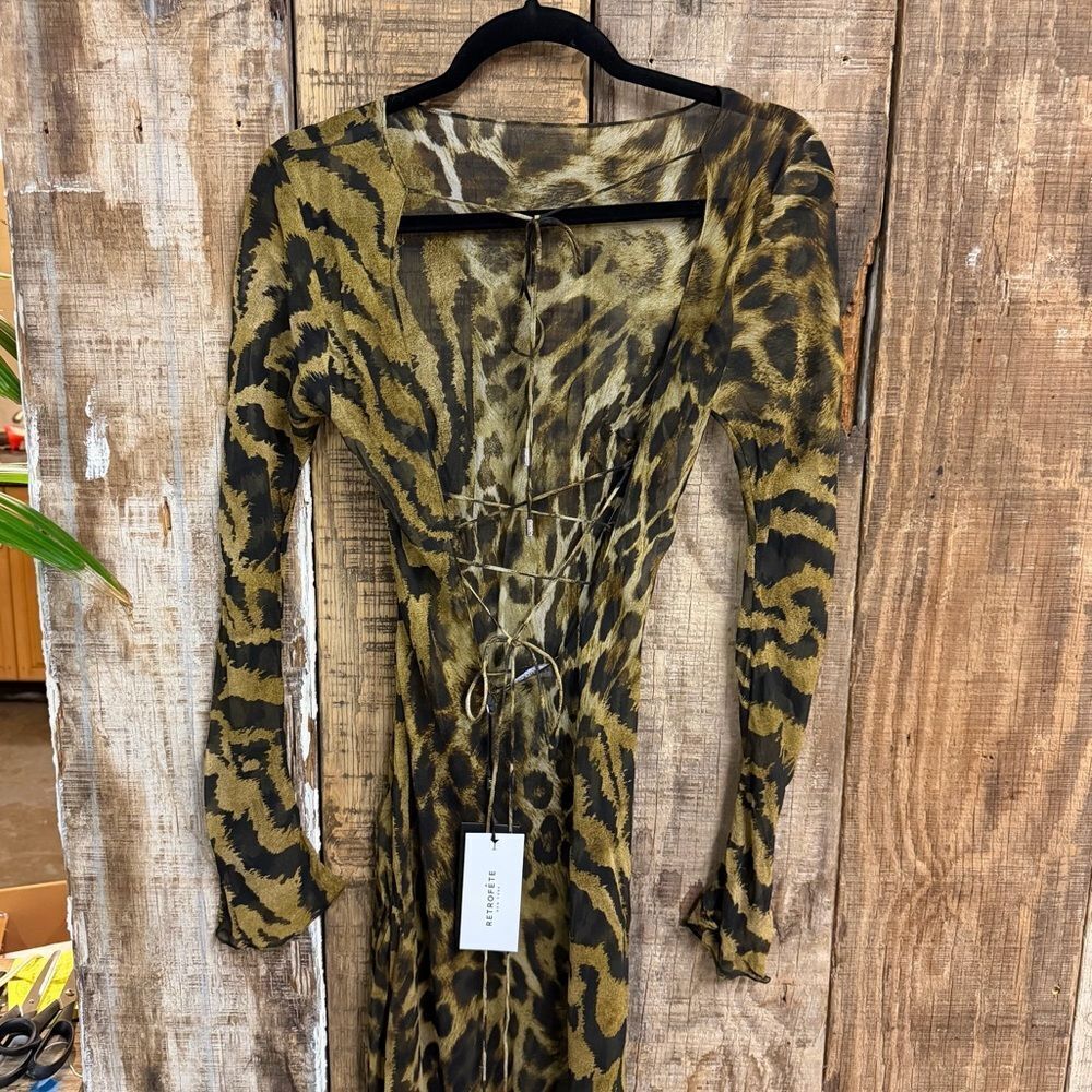 RETROFETE Vienna Dress Animal Print Sheer silk maxi gown lace up FWRD Revolve M - Picture 12 of 14